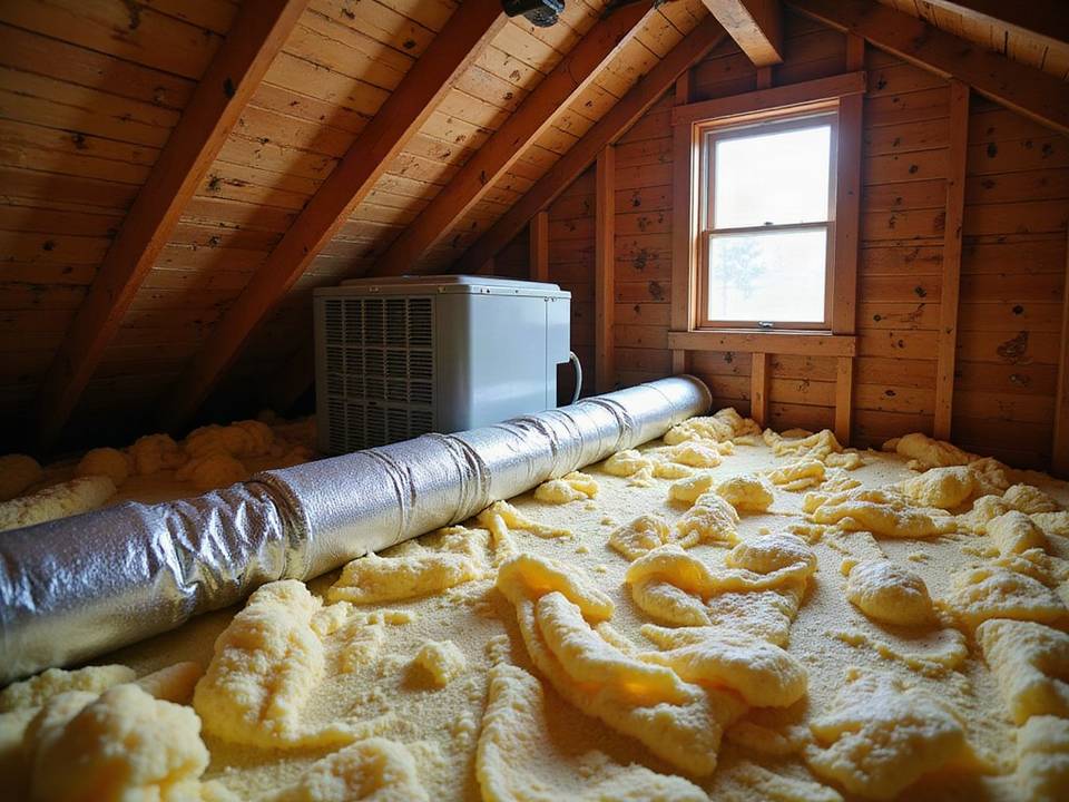 Attic with ductwork and older insulation in a San Angelo home