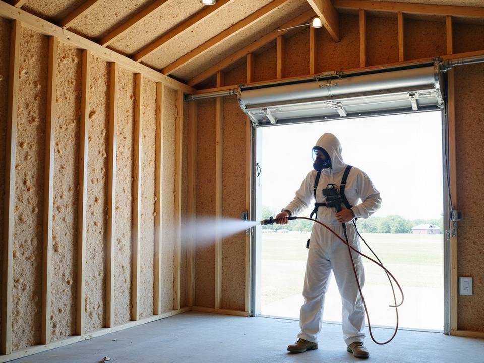 Installer spraying foam insulation into shop walls